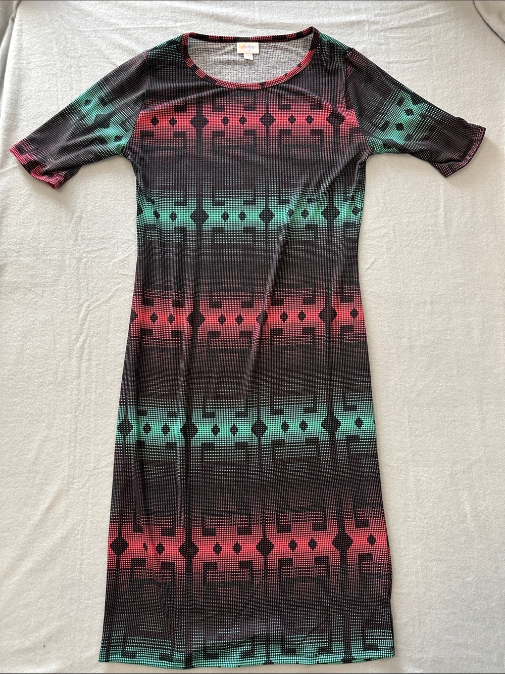 LuLaRoe Geometric Midi Dress in Red & Teal